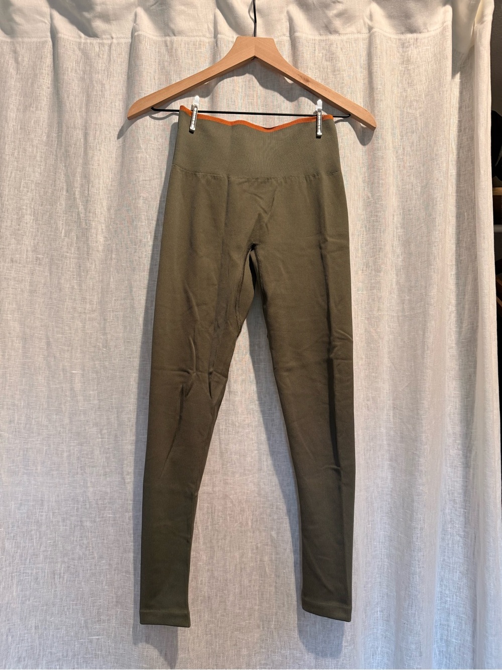 Outdoor Voices tan ribbed leggings with orange trim